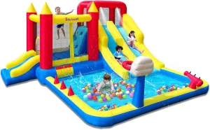 Inflatable Bounce House with Double Slide, Water Bounce Castle with Slide,Water Slide with Splash Pool, Water Cannon, Climbing Wall, Basketball Hoop, Backyard Water Slide for Kids
