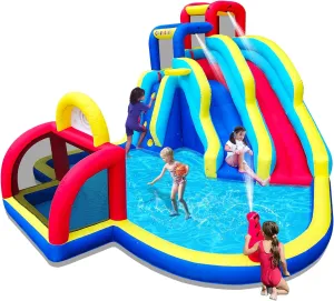 Inflatable Double Water Slide with Soccer Goal,Big Splash Pool,Water Cannon,Basketball Hoop,Fun Climb Wall,GFCI Blower,Bounce Slide for Party Fun