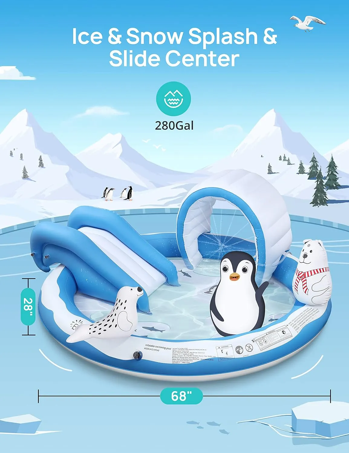Inflatable Play Center, EVAJOY Kiddie Pool with Slide for Children, Sprinkler, Ice & Snow Theme with Inflatable Dolls, Easy Setup for Garden, Backyard, Indoor Usage