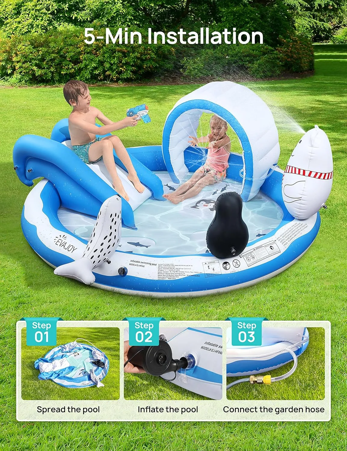 Inflatable Play Center, EVAJOY Kiddie Pool with Slide for Children, Sprinkler, Ice & Snow Theme with Inflatable Dolls, Easy Setup for Garden, Backyard, Indoor Usage