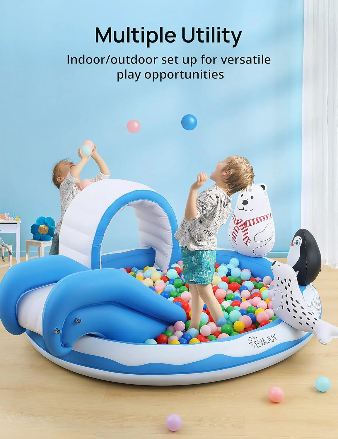 Inflatable Play Center, EVAJOY Kiddie Pool with Slide for Children, Sprinkler, Ice & Snow Theme with Inflatable Dolls, Easy Setup for Garden, Backyard, Indoor Usage