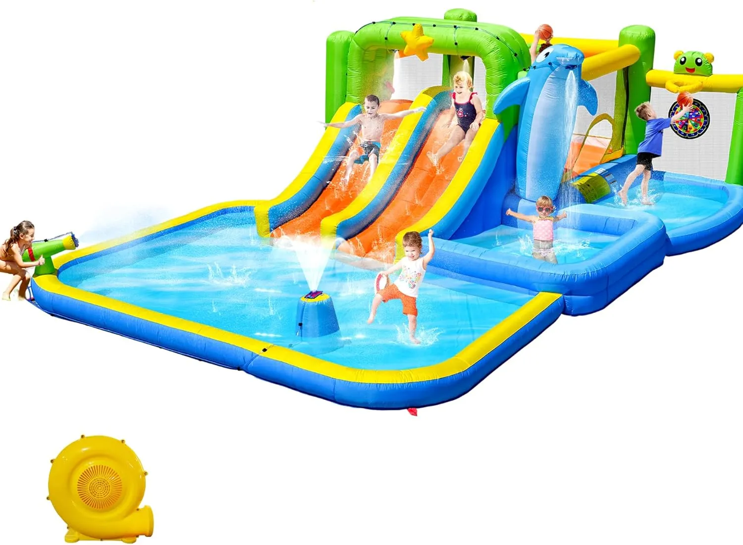 Inflatable Water Park Double Slide Bouncy House with Splash Pool, Water Gun, Basketball, Climbing Wall, Dual Pools for Outdoor Party, Ages 3-12