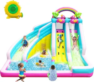 Inflatable Water Slide, 6 in 1 Blow Up Water Park Aged 3-12, Flamingo Style Water Bounce House with Double Long Slides, Splash Pool, 580W Blower Waterslide for Kids and Adults Backyard