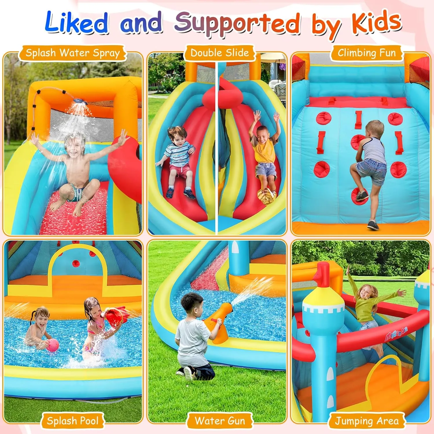 Inflatable Water Slide Bounce House, 15.4FTx14.5FT Splashing Pool,Double Water Cannon,Climbing Wall,Heavy Duty GFCI Blower,Water Park for Kids Backyard Summer