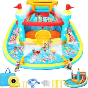 Inflatable Water Slide Bounce House, 15.4FTx14.5FT Splashing Pool,Double Water Cannon,Climbing Wall,Heavy Duty GFCI Blower,Water Park for Kids Backyard Summer