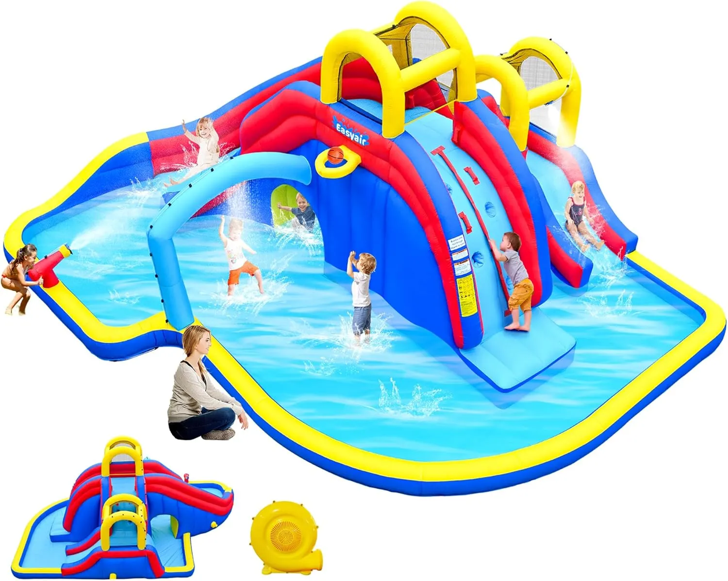 Inflatable Water Slide for Kids, 2 Climbing Walls, 2 Slides, 2 Splash Pool, Basketball Hoop, Blow Up Water Slides for Backyard with 650W Blower (Blue, 216" L x 194" W x 99" H)