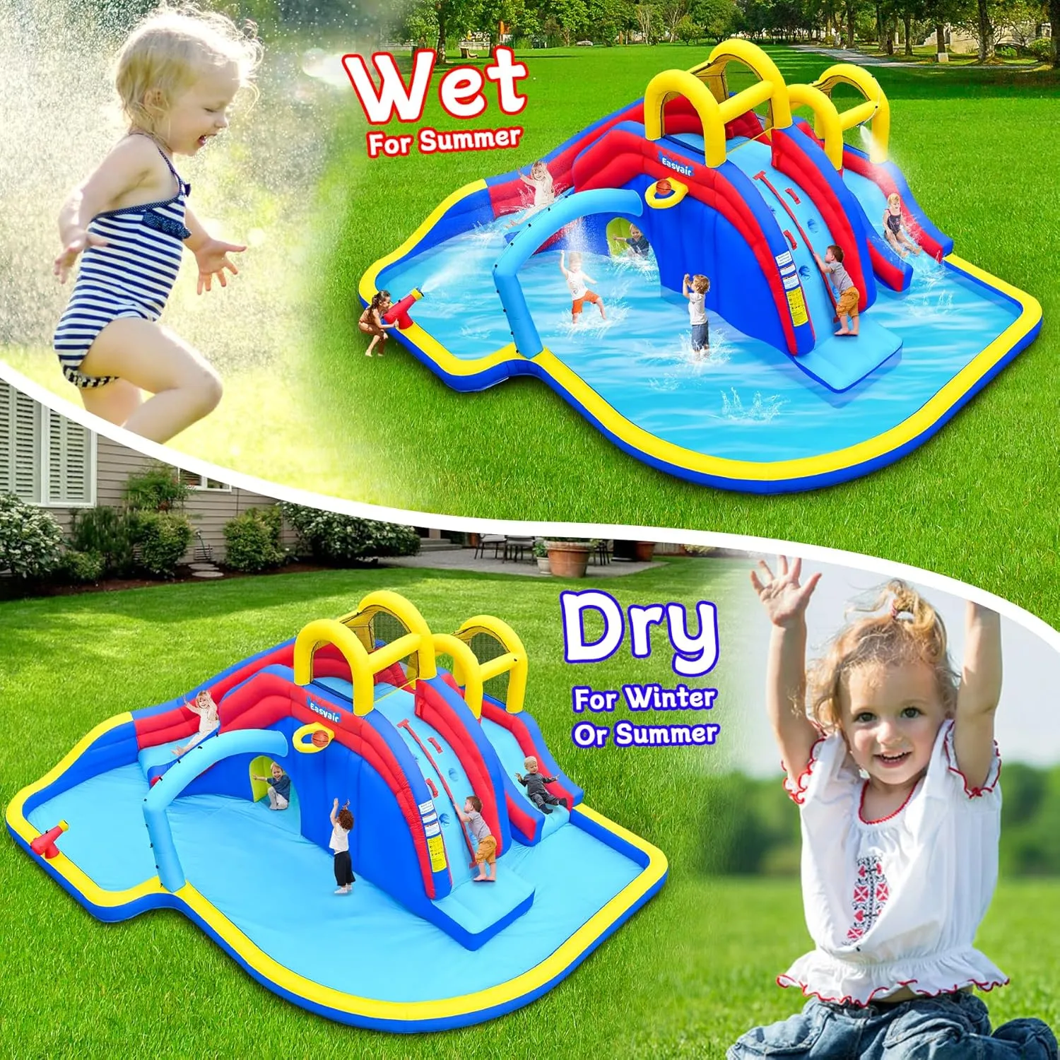 Inflatable Water Slide for Kids, 2 Climbing Walls, 2 Slides, 2 Splash Pool, Basketball Hoop, Blow Up Water Slides for Backyard with 650W Blower (Blue, 216" L x 194" W x 99" H)