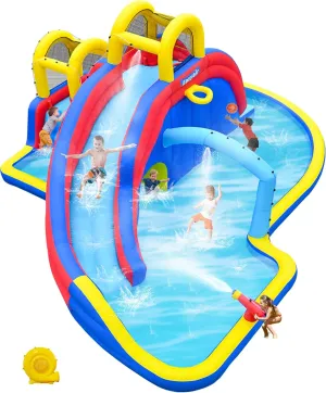 Inflatable Water Slide for Kids, 2 Climbing Walls, 2 Slides, 2 Splash Pool, Basketball Hoop, Blow Up Water Slides for Backyard with 650W Blower (Blue, 216" L x 194" W x 99" H)