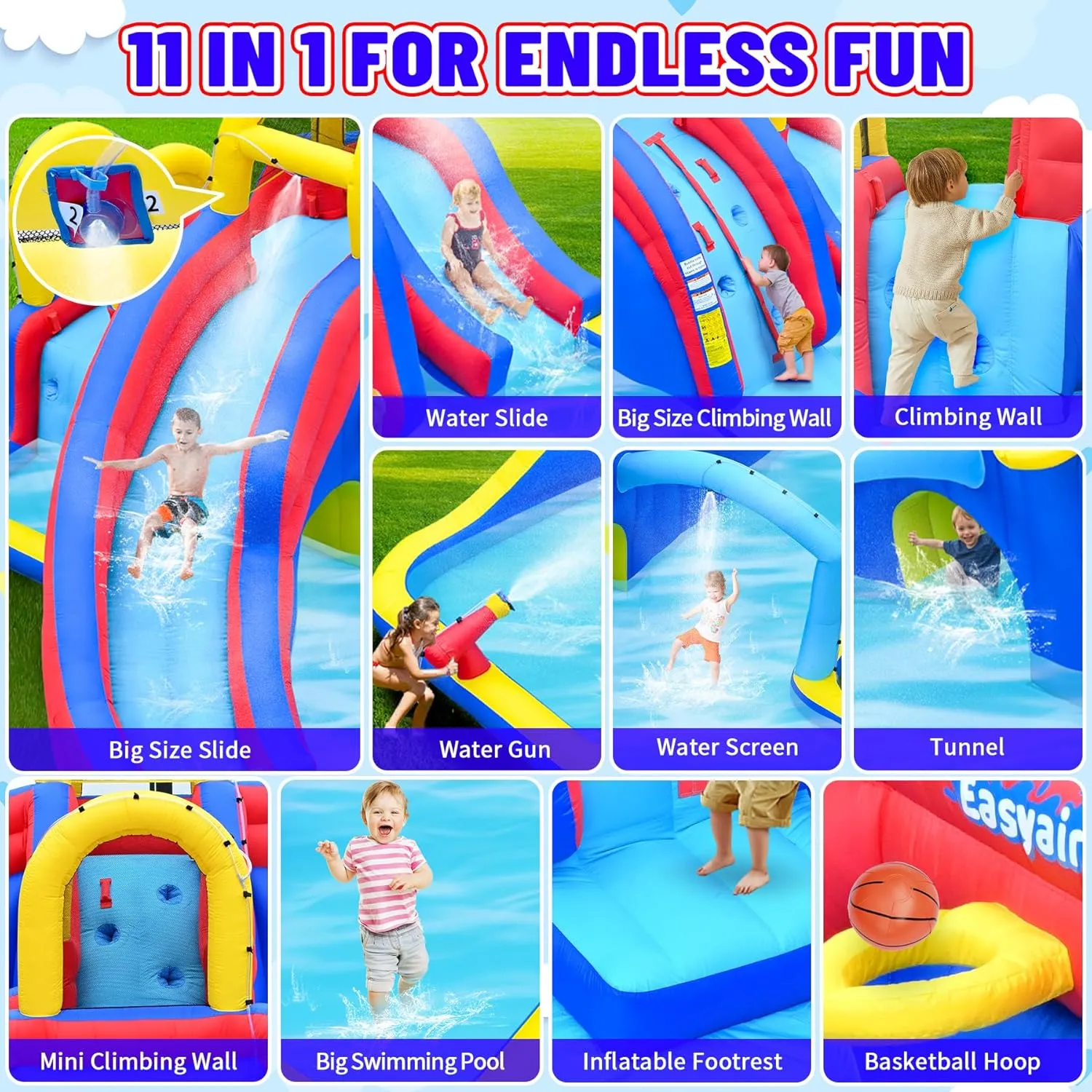 Inflatable Water Slide for Kids, 2 Climbing Walls, 2 Slides, 2 Splash Pool, Basketball Hoop, Blow Up Water Slides for Backyard with 650W Blower (Blue, 216" L x 194" W x 99" H)