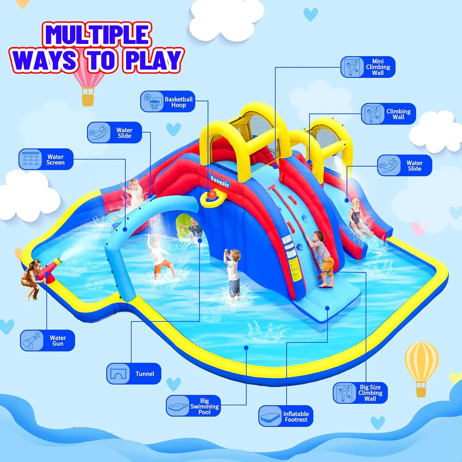 Inflatable Water Slide for Kids, 2 Climbing Walls, 2 Slides, 2 Splash Pool, Basketball Hoop, Blow Up Water Slides for Backyard with 650W Blower (Blue, 216" L x 194" W x 99" H)