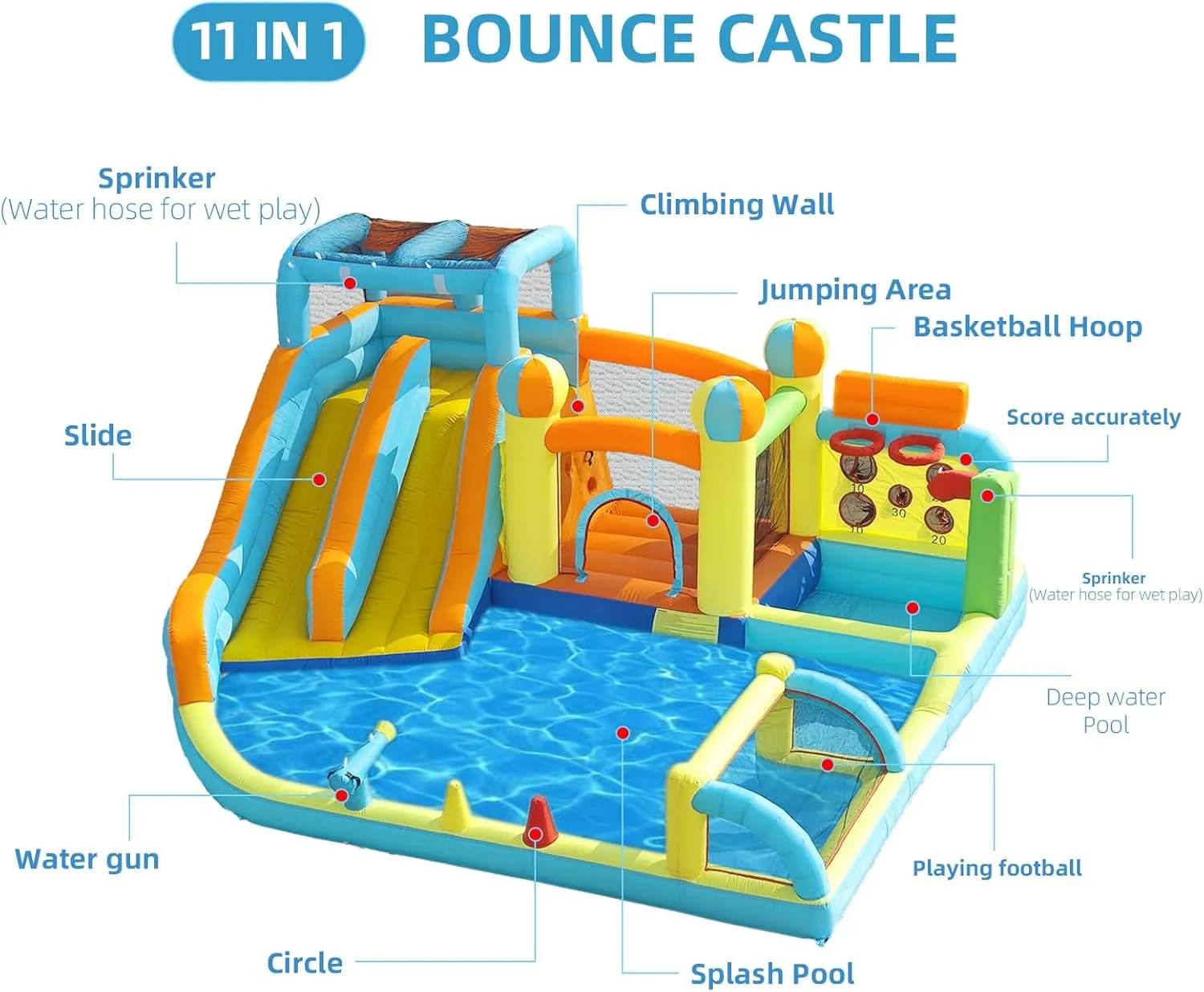 Inflatable Water Slide Park with Splash Pool for Kids,Climbing Wall,Bounce House with Ball Shooting,Kids Bouncy Castle with Air Blower for Outdoor Backyard
