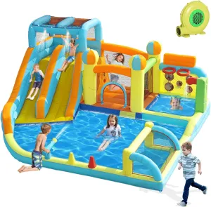 Inflatable Water Slide Park with Splash Pool for Kids,Climbing Wall,Bounce House with Ball Shooting,Kids Bouncy Castle with Air Blower for Outdoor Backyard