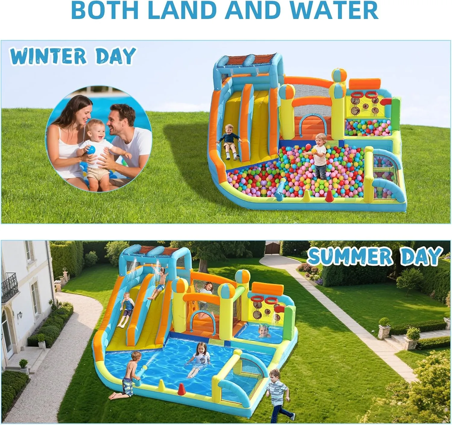 Inflatable Water Slide Park with Splash Pool for Kids,Climbing Wall,Bounce House with Ball Shooting,Kids Bouncy Castle with Air Blower for Outdoor Backyard