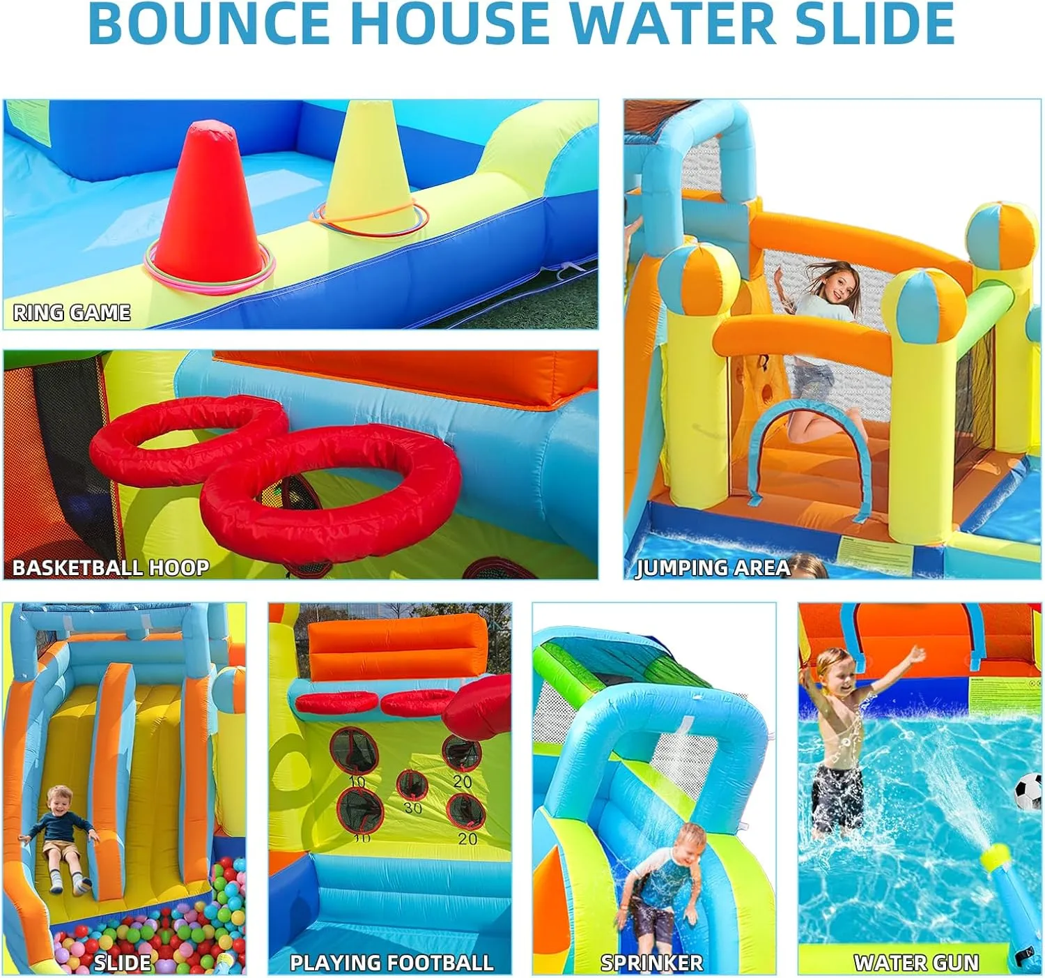 Inflatable Water Slide Park with Splash Pool for Kids,Climbing Wall,Bounce House with Ball Shooting,Kids Bouncy Castle with Air Blower for Outdoor Backyard