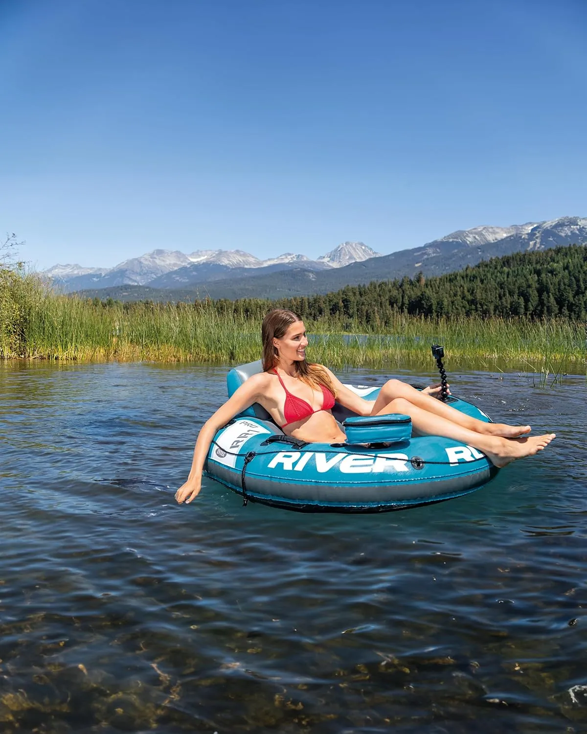 INTEX 56843EP River Run 1 Pro Inflatable Floating Lounge: GoPro/Phone Mount – Built-in Cup Holder and Storage Compartment – Durable Grab Handles – Easy-to-Use Connectors – 220lb Weight Capacity