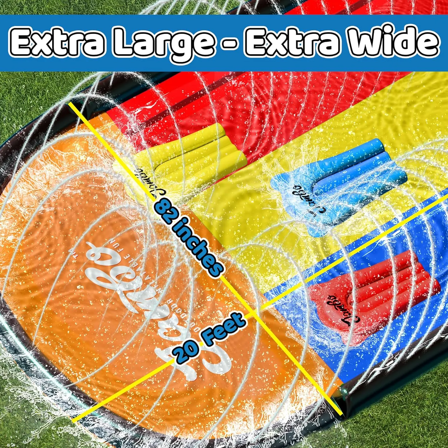 JAMBO 20Ft Premium Slip Splash and Slide with 3 Bodyboards, Heavy Duty Water Slide- Advanced 3-Way Sprinkler System, Long Slide Splash Mat Splash Pad Backyard Outdoor Water Toys n Slides for Kids