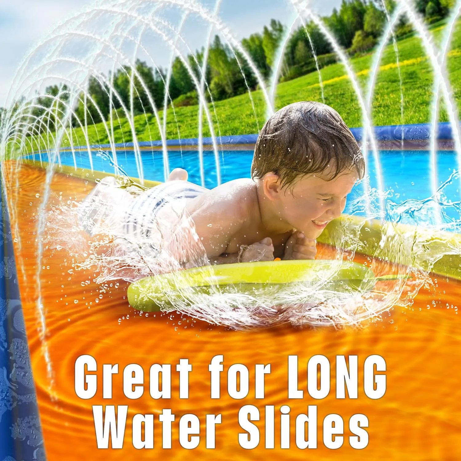 JAMBO 3-Pack Lawn Water Slide Bodyboards with Mesh Storage Bag – Includes Slide Repair Patches, Ground Anchors & Hose Adaptors – Bodyboards Set for Kids and Adults