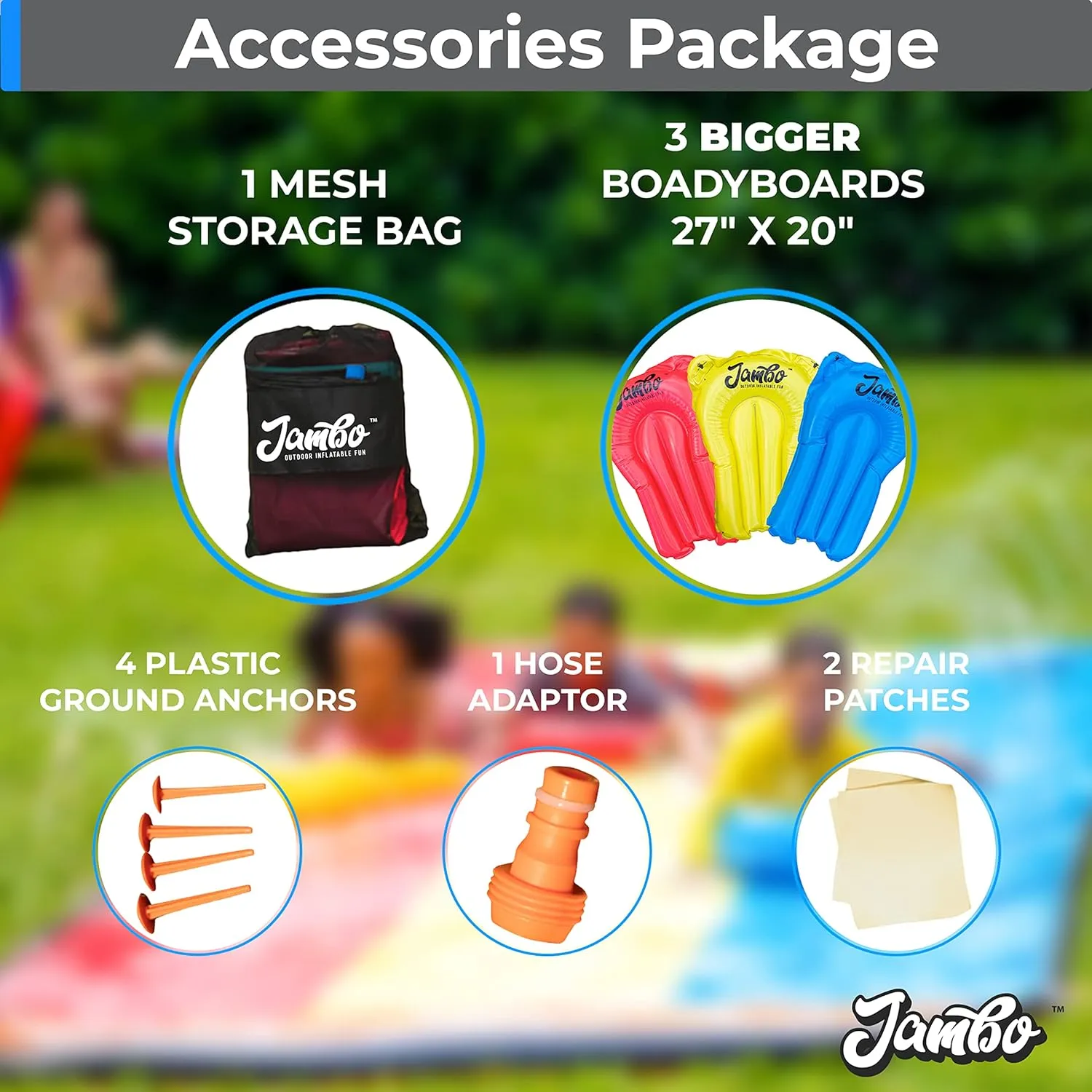 JAMBO 3-Pack Lawn Water Slide Bodyboards with Mesh Storage Bag – Includes Slide Repair Patches, Ground Anchors & Hose Adaptors – Bodyboards Set for Kids and Adults