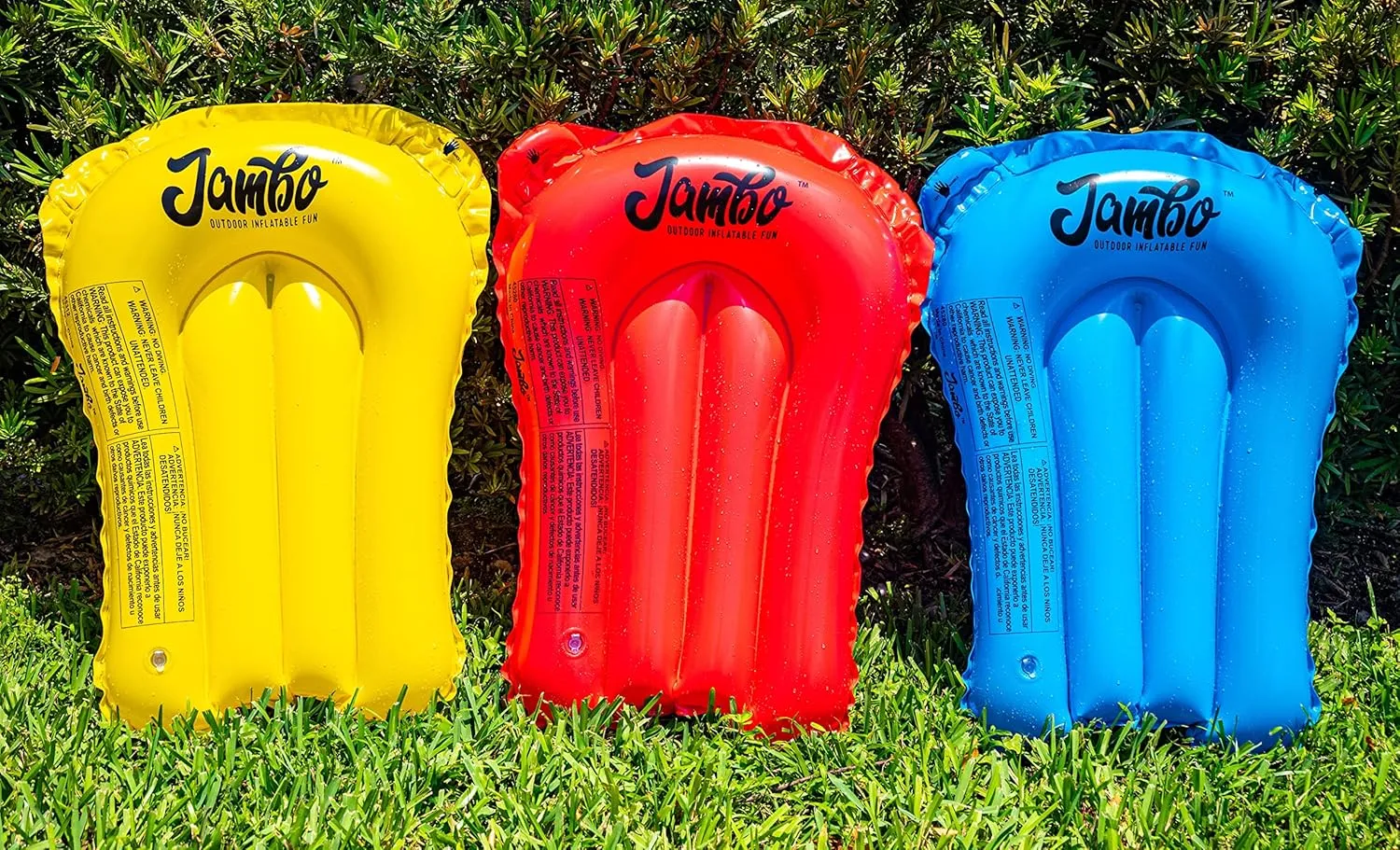 JAMBO 3-Pack Lawn Water Slide Bodyboards with Mesh Storage Bag – Includes Slide Repair Patches, Ground Anchors & Hose Adaptors – Bodyboards Set for Kids and Adults