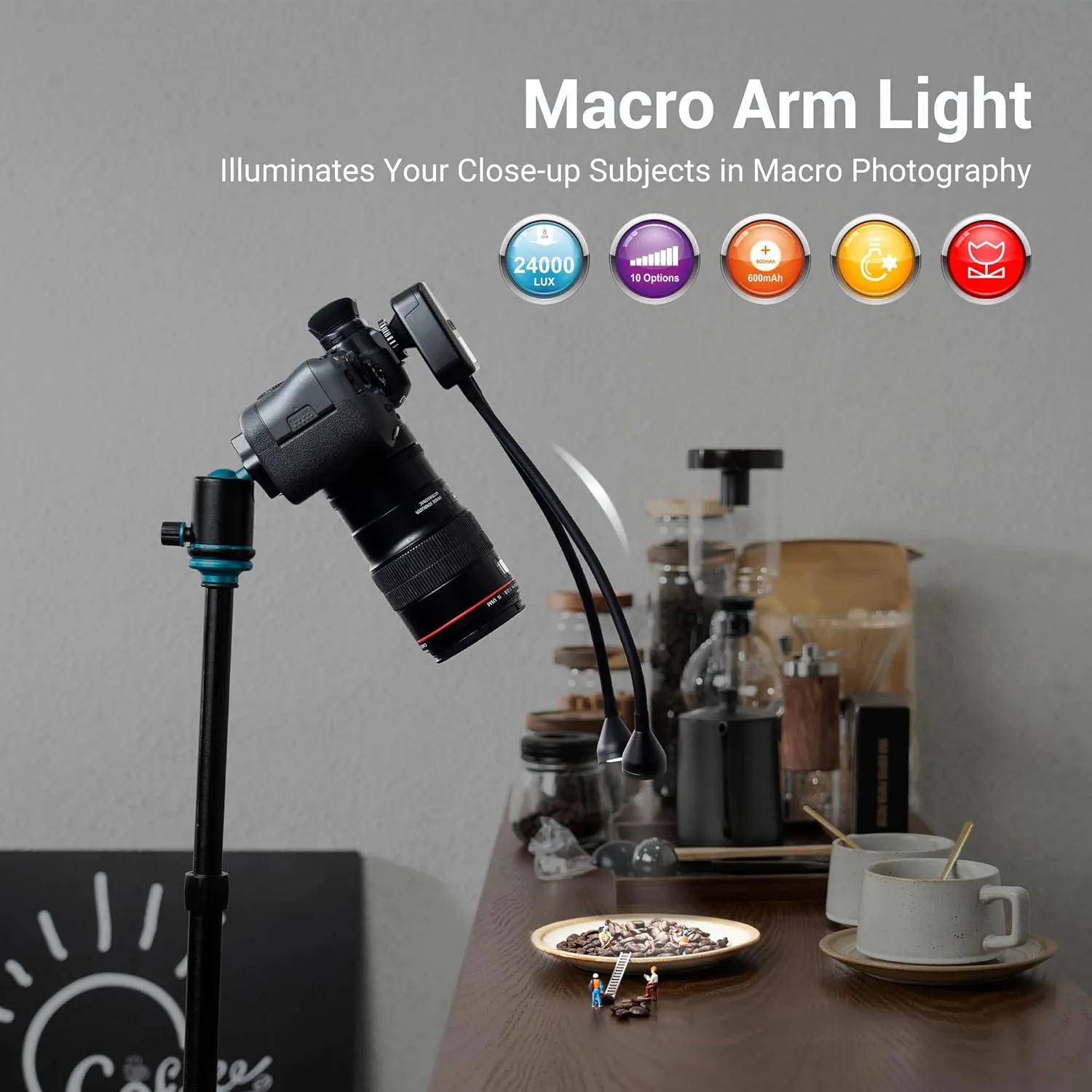 JJC 10-Level Brightness LED Macro Arm Light, CRI 95  5600K Macro Photography Lighting with USB-C Charging for Canon Nikon Sony Olympus Pentax DSLR Camera for Insert Plant Jewelry Close Up Shooting