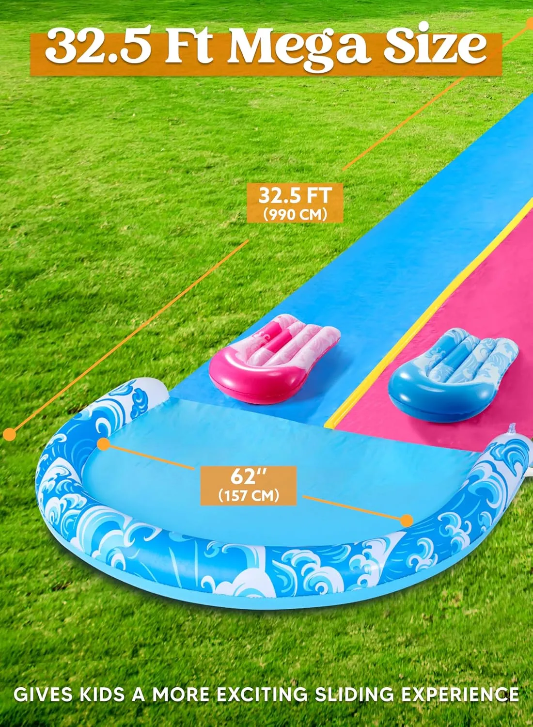 JOYIN 32.5FT Water Slide and 2 Inflatable Boards, Extra Long Heavy Duty Double Lawn Waterslide with Sprinkler for Kids Adults Backyard Summer Water Toy Outdoor Fun, Blue, Pink
