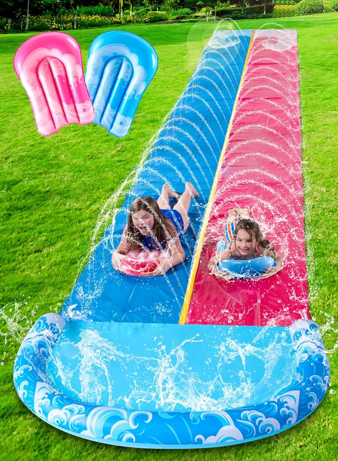 JOYIN 32.5FT Water Slide and 2 Inflatable Boards, Extra Long Heavy Duty Double Lawn Waterslide with Sprinkler for Kids Adults Backyard Summer Water Toy Outdoor Fun, Blue, Pink