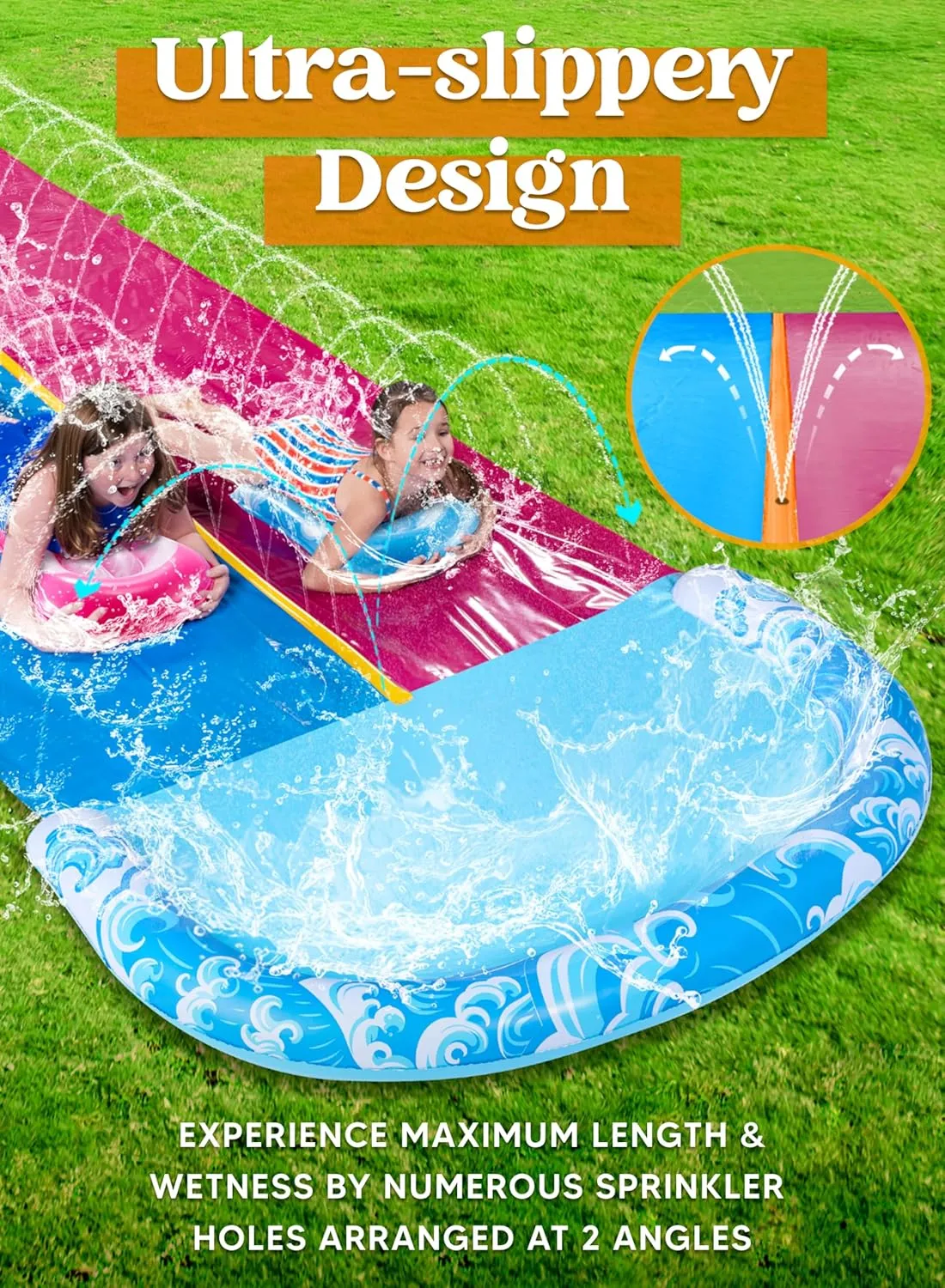 JOYIN 32.5FT Water Slide and 2 Inflatable Boards, Extra Long Heavy Duty Double Lawn Waterslide with Sprinkler for Kids Adults Backyard Summer Water Toy Outdoor Fun, Blue, Pink