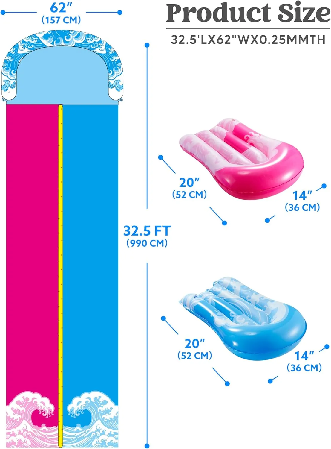 JOYIN 32.5FT Water Slide and 2 Inflatable Boards, Extra Long Heavy Duty Double Lawn Waterslide with Sprinkler for Kids Adults Backyard Summer Water Toy Outdoor Fun, Blue, Pink
