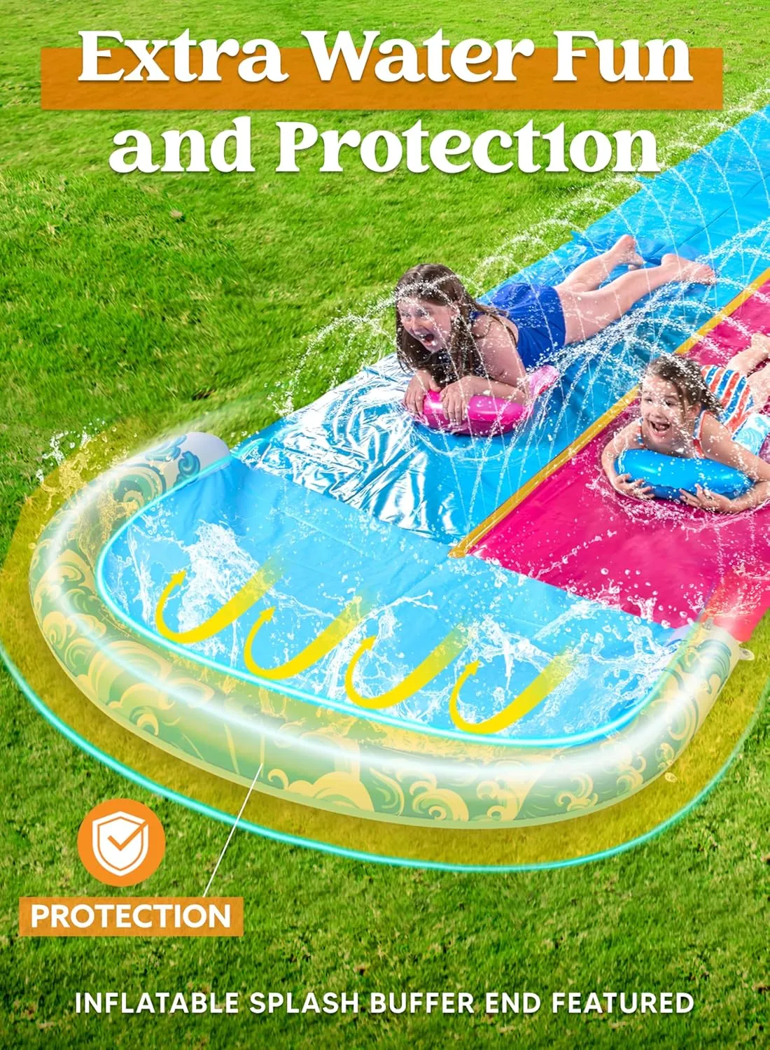 JOYIN 32.5FT Water Slide and 2 Inflatable Boards, Extra Long Heavy Duty Double Lawn Waterslide with Sprinkler for Kids Adults Backyard Summer Water Toy Outdoor Fun, Blue, Pink