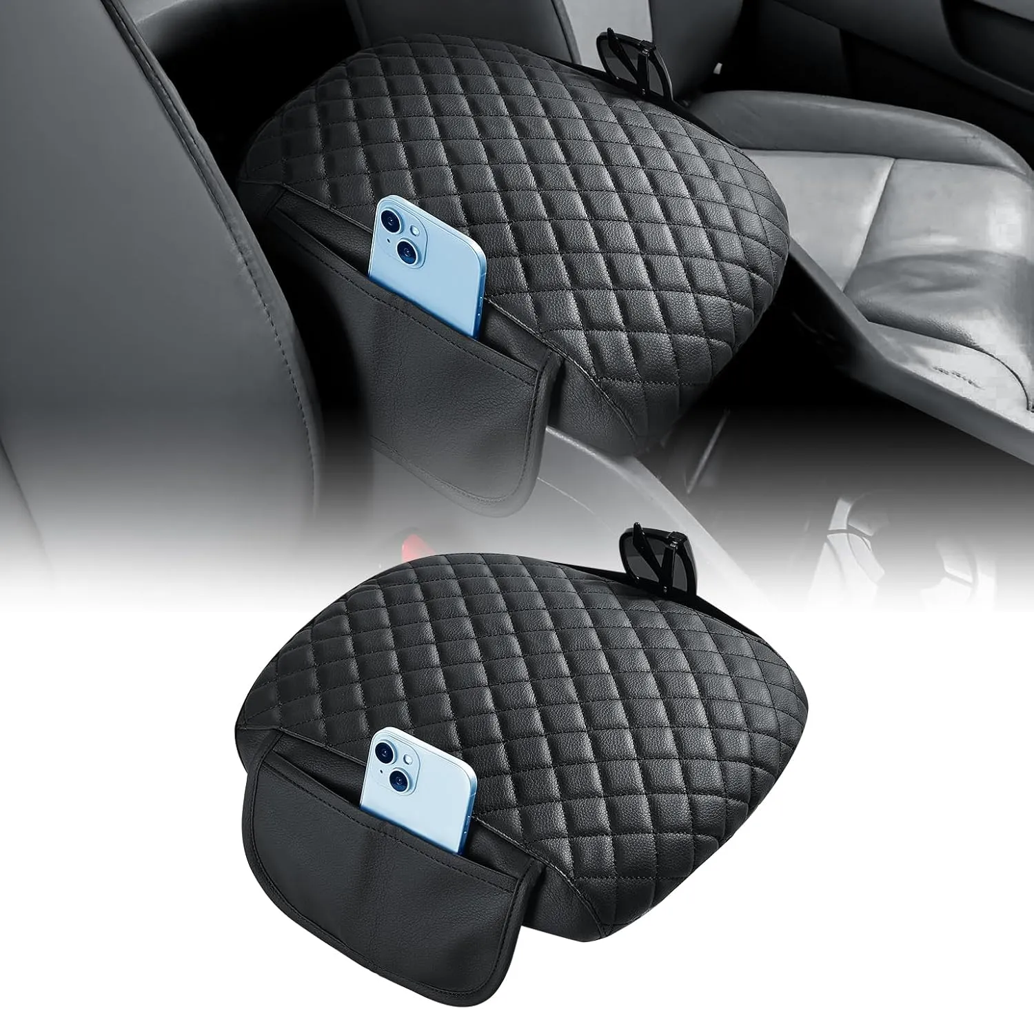 JOYTUTUS Center Console Cover Compatible with 2009-2015 Pilot, Leather Arm Rest Armrest Cover for Car, Durable Middle Console Cover Lid Replacement for Trucks, Easy to Install, Black, with 2 Pocket