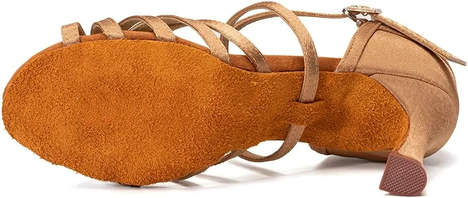 JUODVMP Women's Salsa Tango Latin Ballroom Practice Dance Shoes Satin Braided Cross Straps Professional Dance Heels
