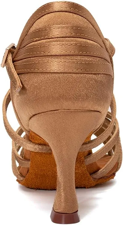 JUODVMP Women's Salsa Tango Latin Ballroom Practice Dance Shoes Satin Braided Cross Straps Professional Dance Heels