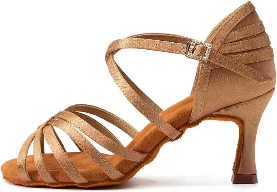 JUODVMP Women's Salsa Tango Latin Ballroom Practice Dance Shoes Satin Braided Cross Straps Professional Dance Heels
