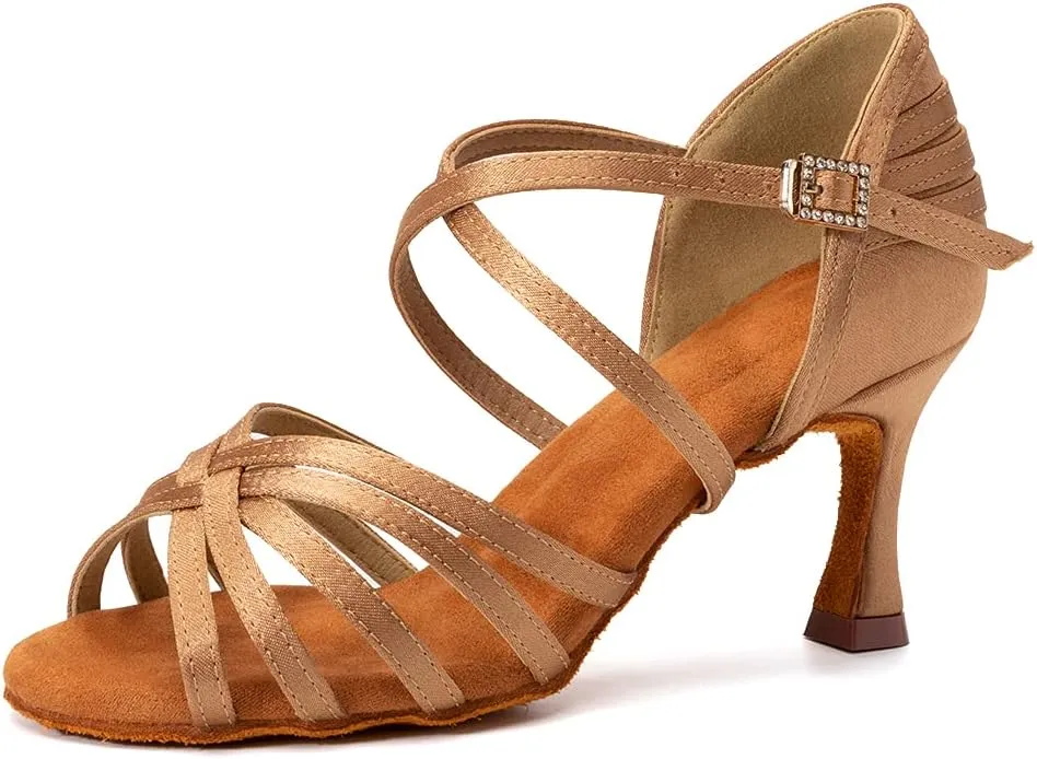 JUODVMP Women's Salsa Tango Latin Ballroom Practice Dance Shoes Satin Braided Cross Straps Professional Dance Heels
