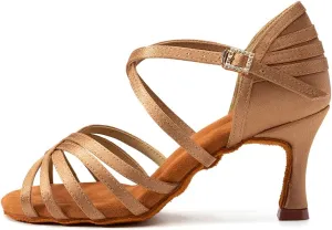 JUODVMP Women's Salsa Tango Latin Ballroom Practice Dance Shoes Satin Braided Cross Straps Professional Dance Heels
