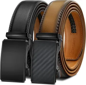 KEMISANT Men Belt 2 Pack, Leather Ratchet Belt Easy Click Slide For Men 1 3/8",Cut for Fit
