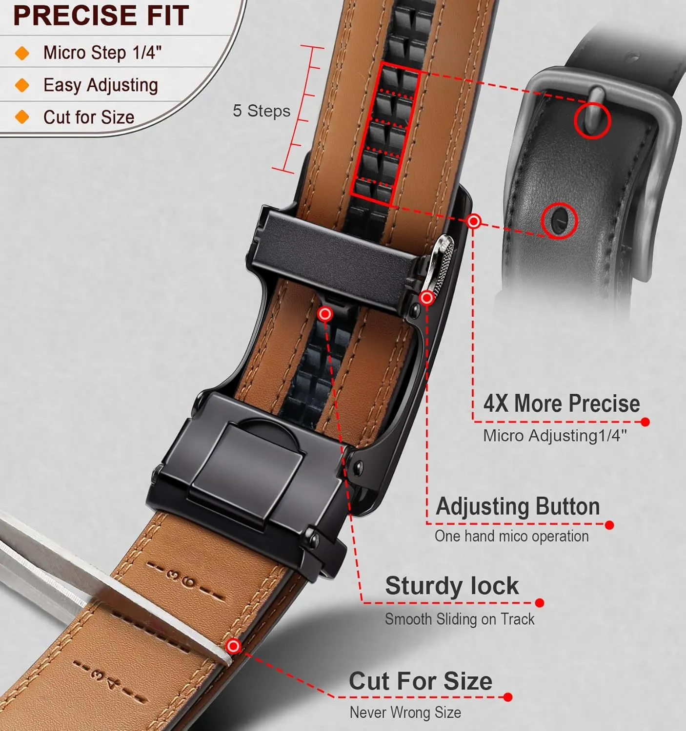 KEMISANT Men Belt 2 Pack, Leather Ratchet Belt Easy Click Slide For Men 1 3/8",Cut for Fit