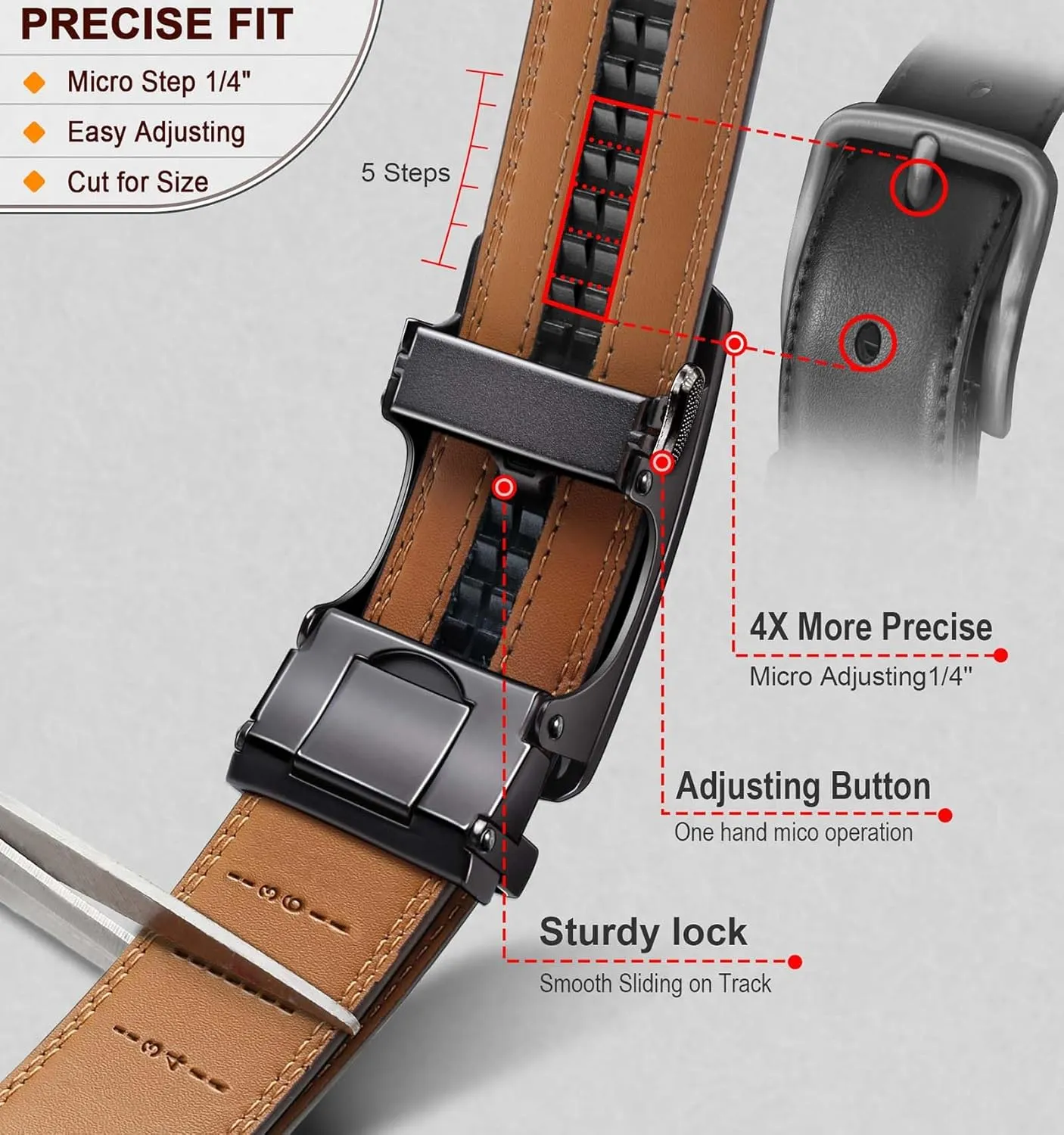 KEMISANT Men Belt 2 Pack, Leather Ratchet Belt Easy Click Slide For Men 1 3/8",Cut for Fit