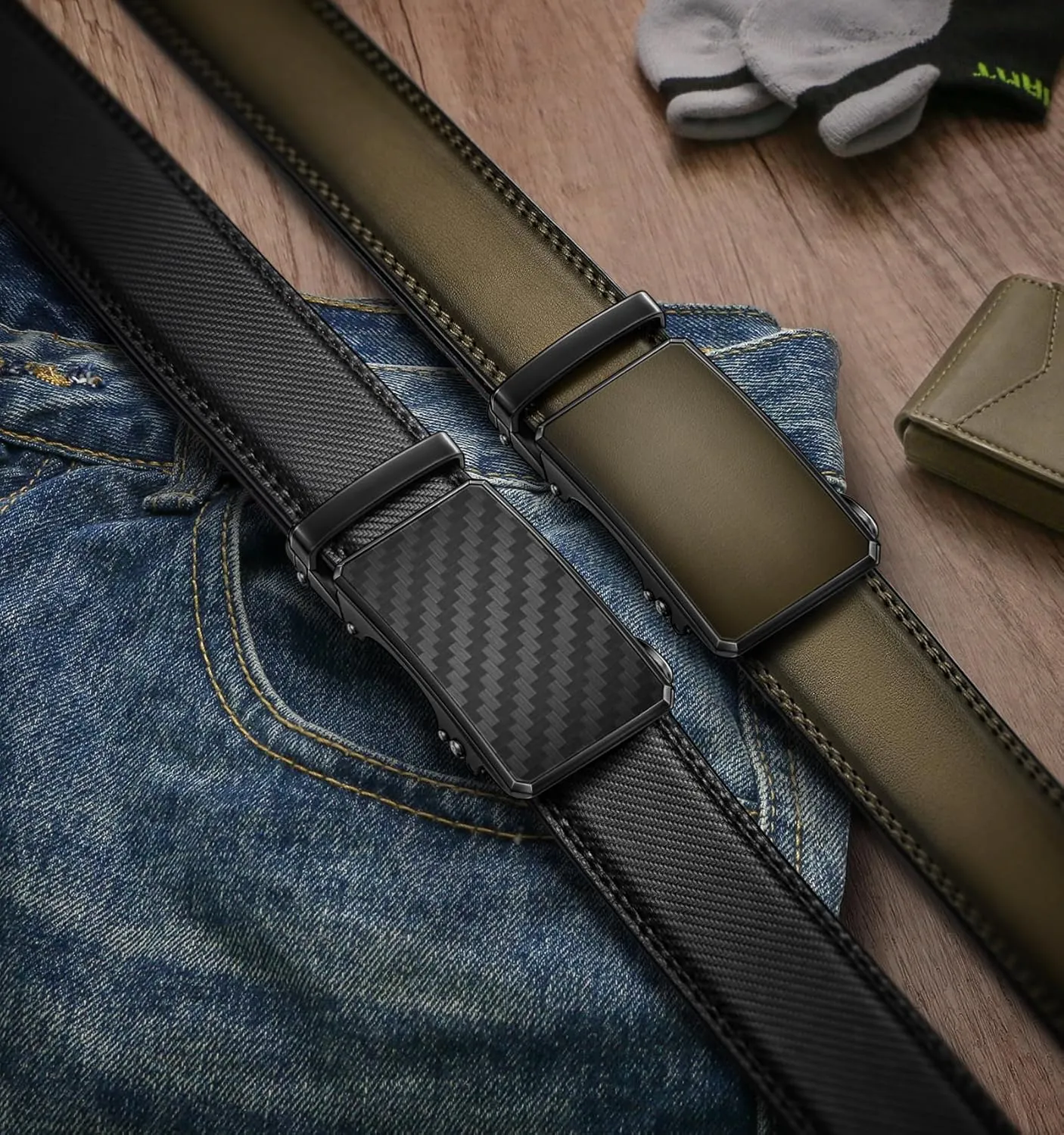 KEMISANT Men Belt 2 Pack, Leather Ratchet Belt Easy Click Slide For Men 1 3/8",Cut for Fit