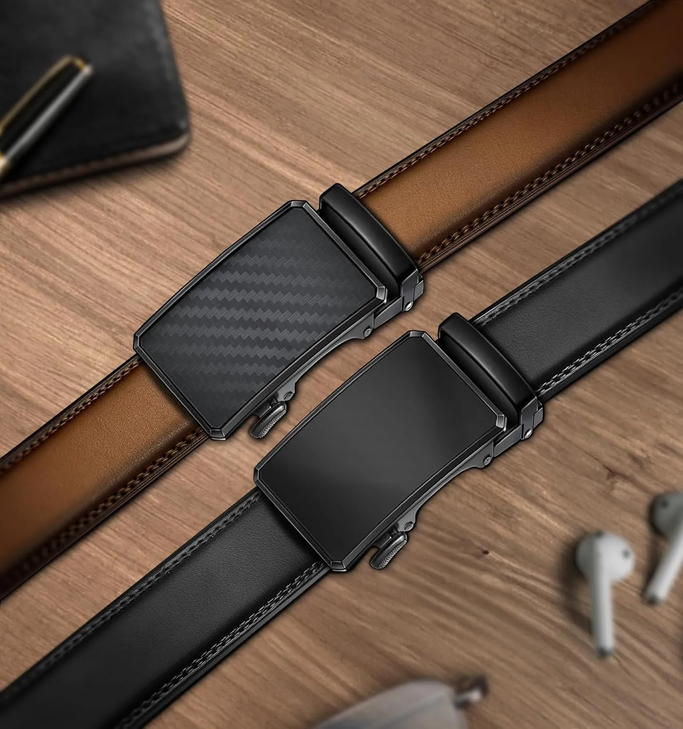 KEMISANT Men Belt 2 Pack, Leather Ratchet Belt Easy Click Slide For Men 1 3/8",Cut for Fit
