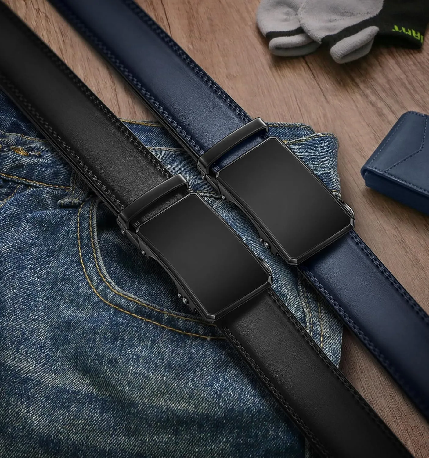 KEMISANT Men Belt 2 Pack, Leather Ratchet Belt Easy Click Slide For Men 1 3/8",Cut for Fit