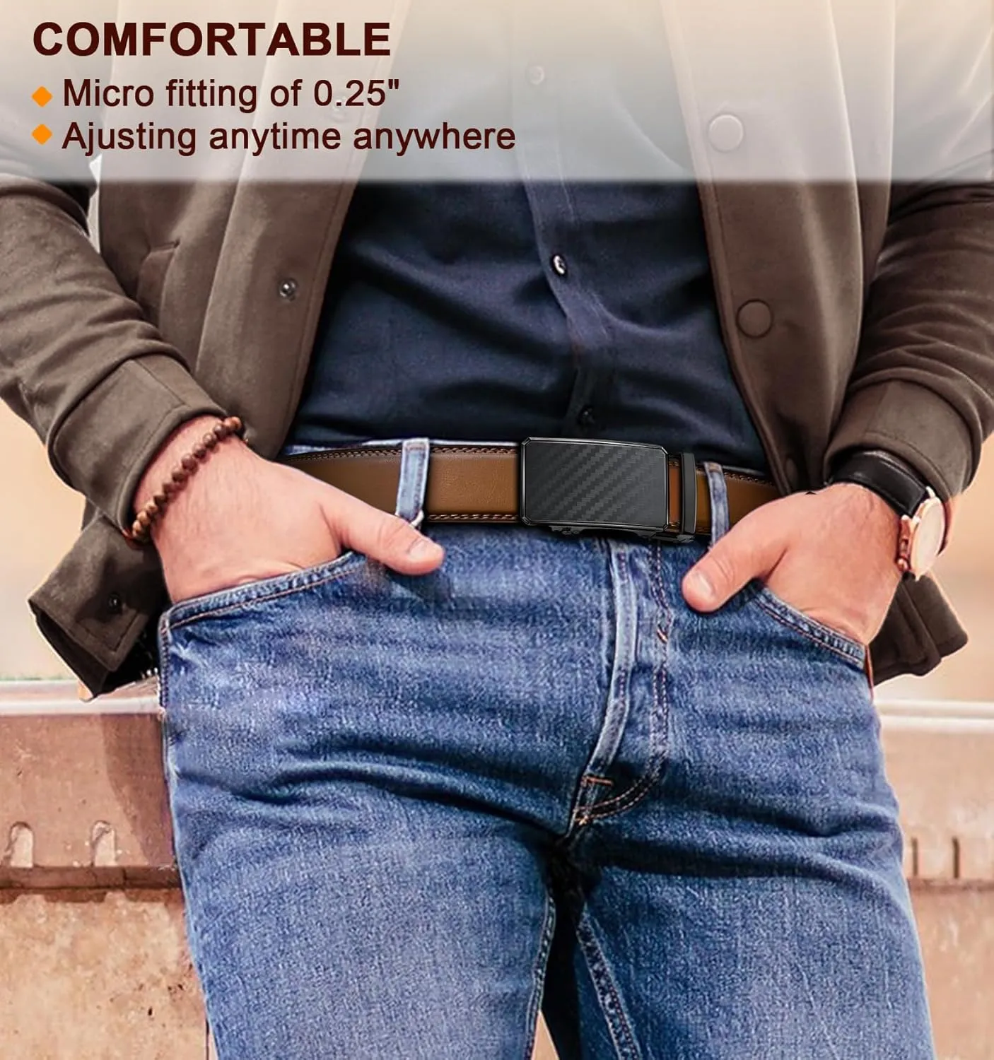 KEMISANT Men Belt 2 Pack, Leather Ratchet Belt Easy Click Slide For Men 1 3/8",Cut for Fit