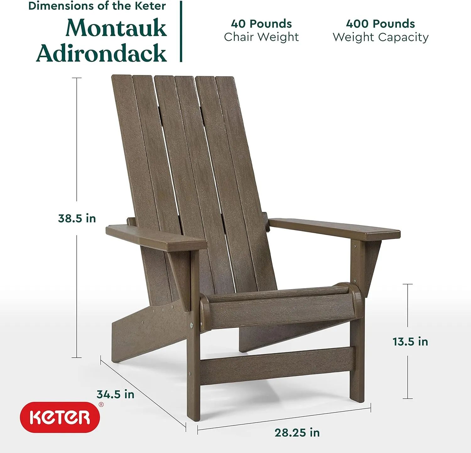 Keter Montauk Adirondack Chair with Weatherproof Finish, Outdoor Furniture for Entertaining by The Pool, Patio, and Fire Pit, Easy Assembly for Sturdy and Steady Outdoor Seating, Weatherwood