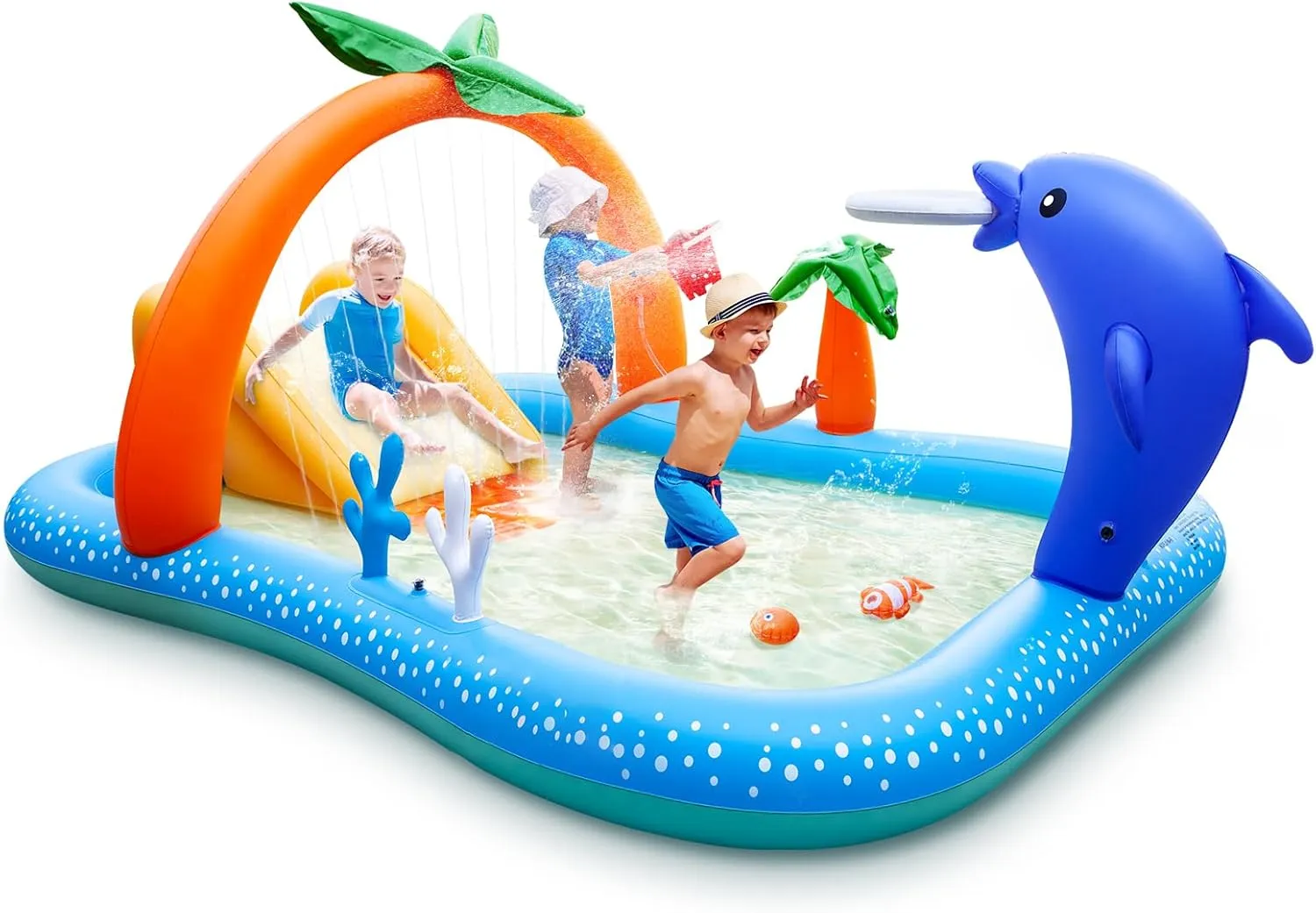Kiddie Pool with Slide Inflatable Play Center Wading Lounge Kids Pool, Coconut Palm Sprinkler, Water Game Play Center 95''x75''x40'', Blue