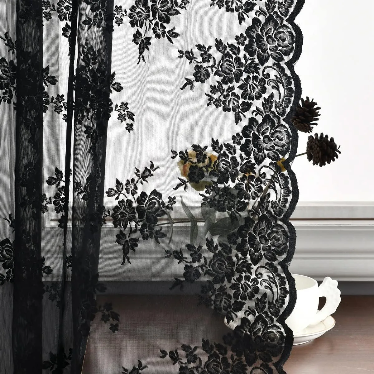 Kotile Black Lace Curtains 84 Inches Long - Vintage Floral Black Sheer Curtains 2 Panels, Gothic Sheer Lace Curtains for Living Room, Rod Pocket Privacy Sheer Window Curtain, 52 x 84 Inch