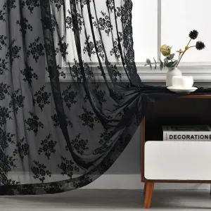 Kotile Black Lace Curtains 84 Inches Long - Vintage Floral Black Sheer Curtains 2 Panels, Gothic Sheer Lace Curtains for Living Room, Rod Pocket Privacy Sheer Window Curtain, 52 x 84 Inch