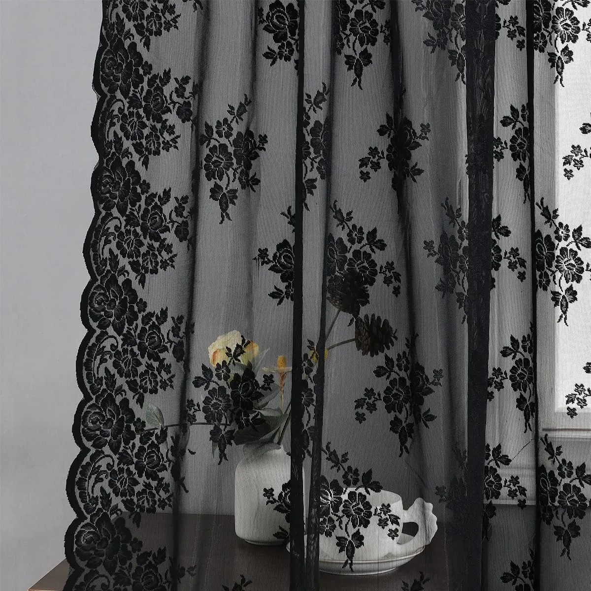Kotile Black Lace Curtains 84 Inches Long - Vintage Floral Black Sheer Curtains 2 Panels, Gothic Sheer Lace Curtains for Living Room, Rod Pocket Privacy Sheer Window Curtain, 52 x 84 Inch