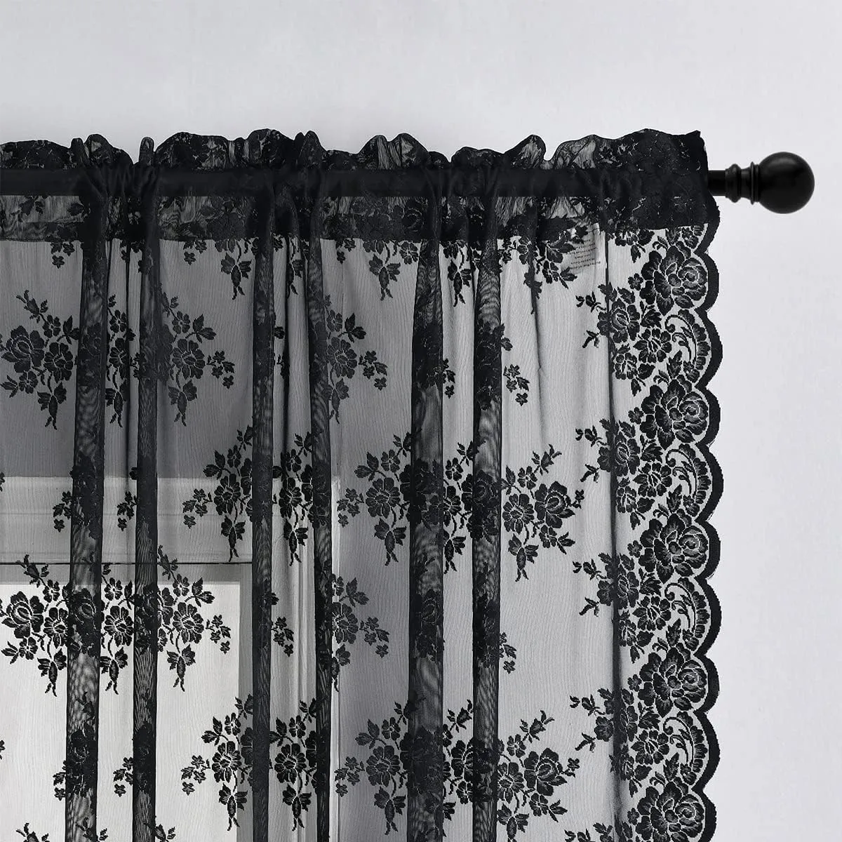 Kotile Black Lace Curtains 84 Inches Long - Vintage Floral Black Sheer Curtains 2 Panels, Gothic Sheer Lace Curtains for Living Room, Rod Pocket Privacy Sheer Window Curtain, 52 x 84 Inch