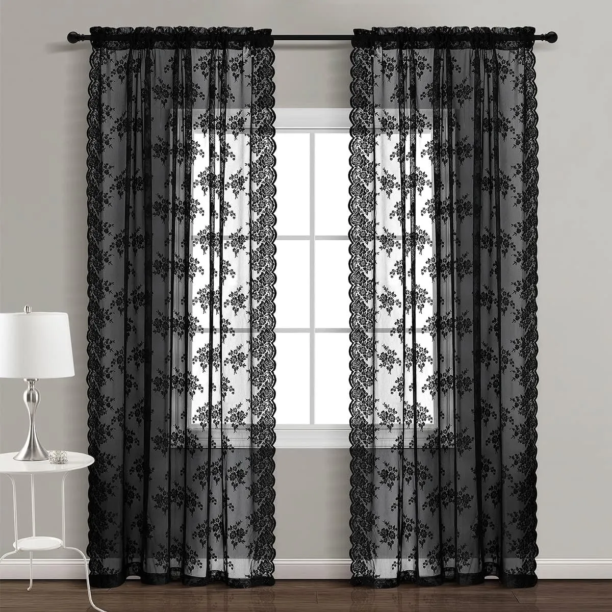 Kotile Black Lace Curtains 84 Inches Long - Vintage Floral Black Sheer Curtains 2 Panels, Gothic Sheer Lace Curtains for Living Room, Rod Pocket Privacy Sheer Window Curtain, 52 x 84 Inch