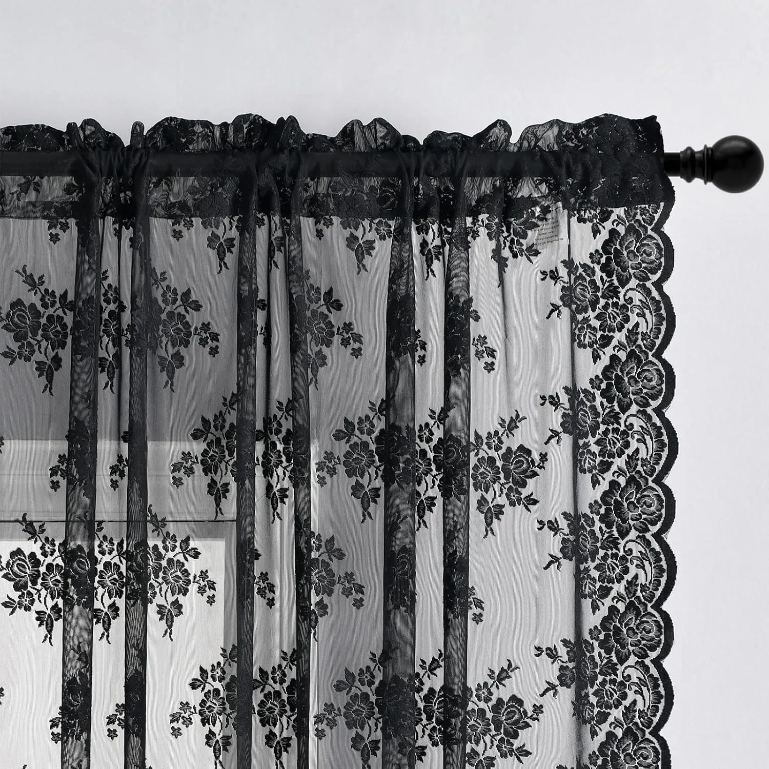 Kotile Short Black Lace Curtains 36 Inch Length 2 Panels, Country Rustic Floral Goth Floral Sheer Curtains for Small Window, Rod Pocket Privacy Lace Cafe Curtains, 42 x 36 Inch Each, 1 Pair, Black
